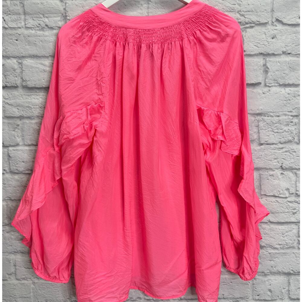Lilly Pulitzer Elsa Silk Top Size XL Bright Pink Ruffle Sleeve V-Neck - Picture 6 of 6